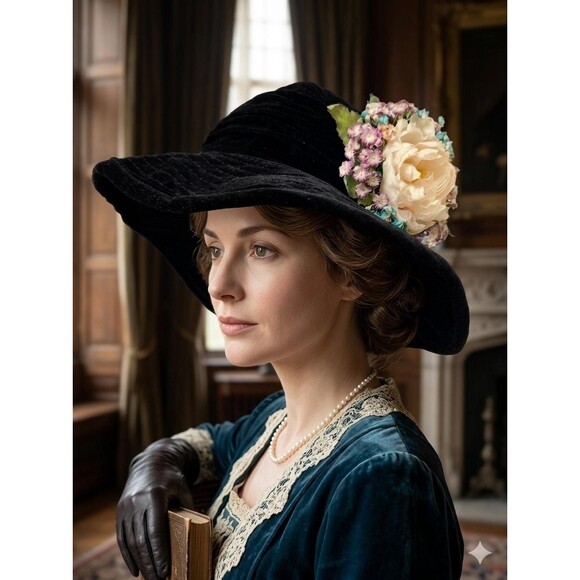 Vintage Importa Black Velvet Flower Wide Brim Hat, Cotton